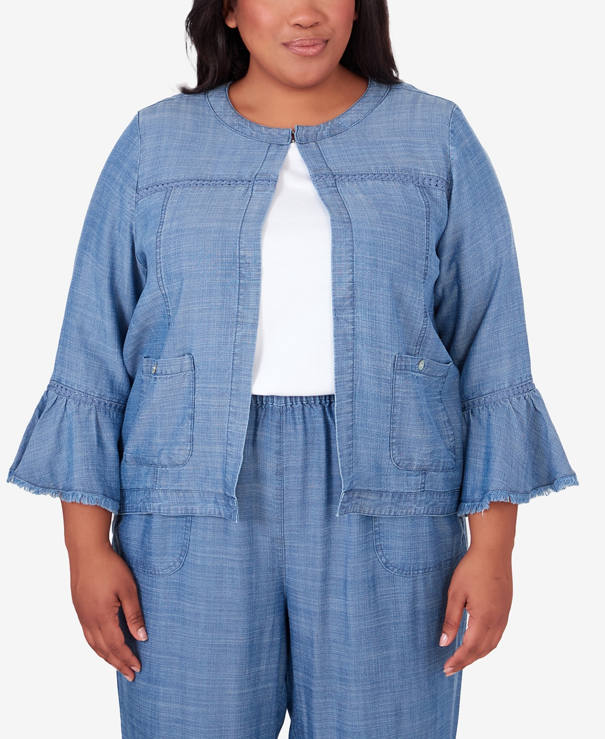 Alfred Dunner Plus Size Bayou Chambray 3/4 Sleeve Jacket In Blue