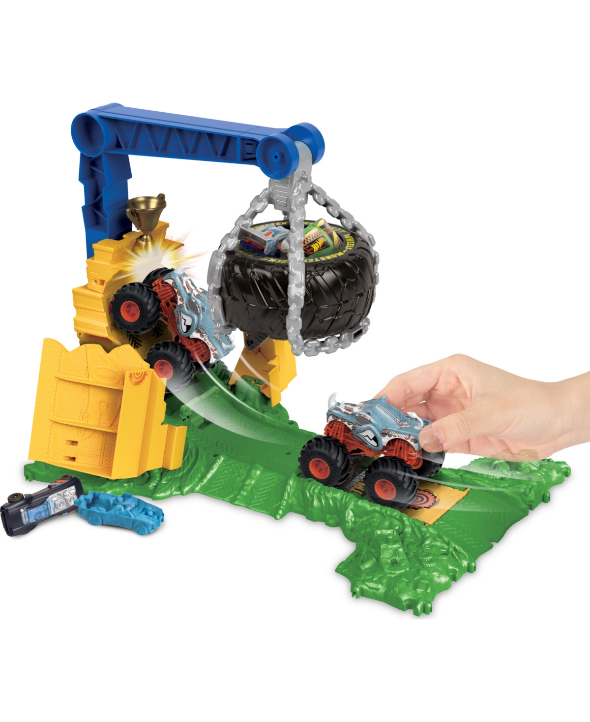 Shop Hot Wheels Monster Trucks Rhinomite Chargin' Challenge Playset With 1 Toy Truck And 2 Crushed Cars In Multicolor