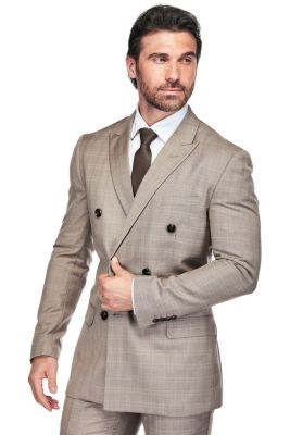 Men's 2 Piece Slim Fit Brown Check Double Breasted Suit