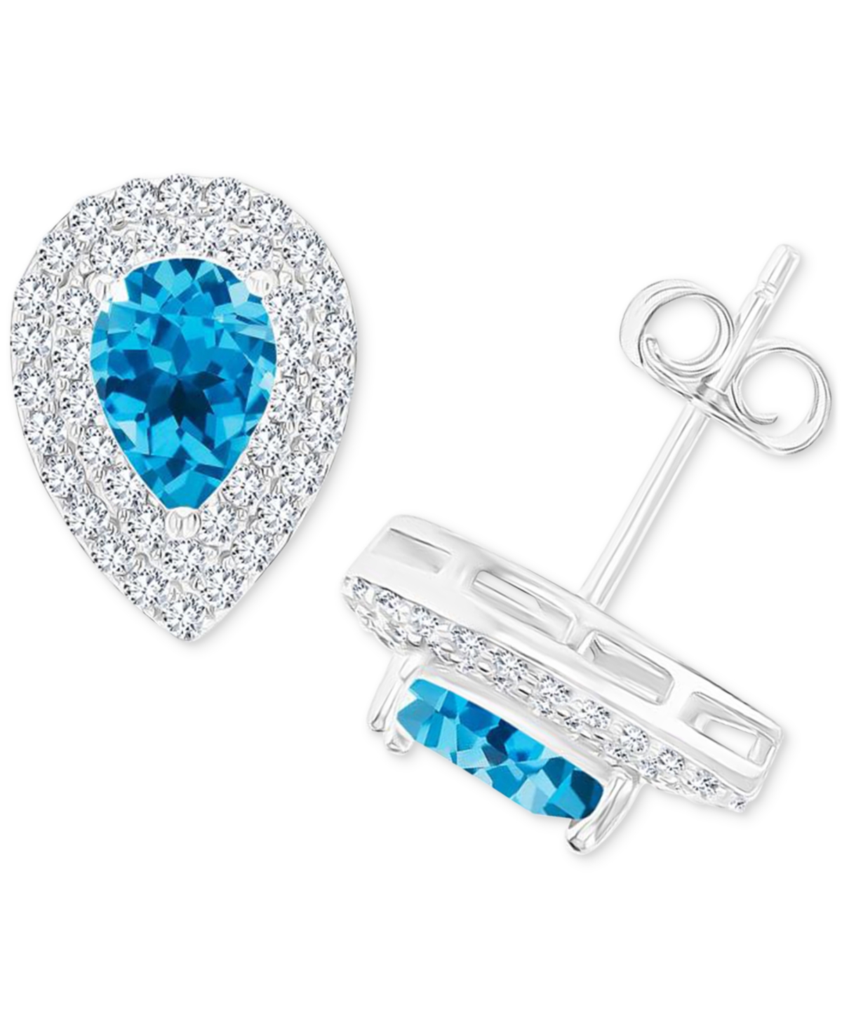 Shop Macy's Amethyst (1-1/5 Ct. T.w.) & Lab-grown White Sapphire (1/2 Ct. T.w.) Pear Halo Birthstone Stud Earrin In Blue Topaz