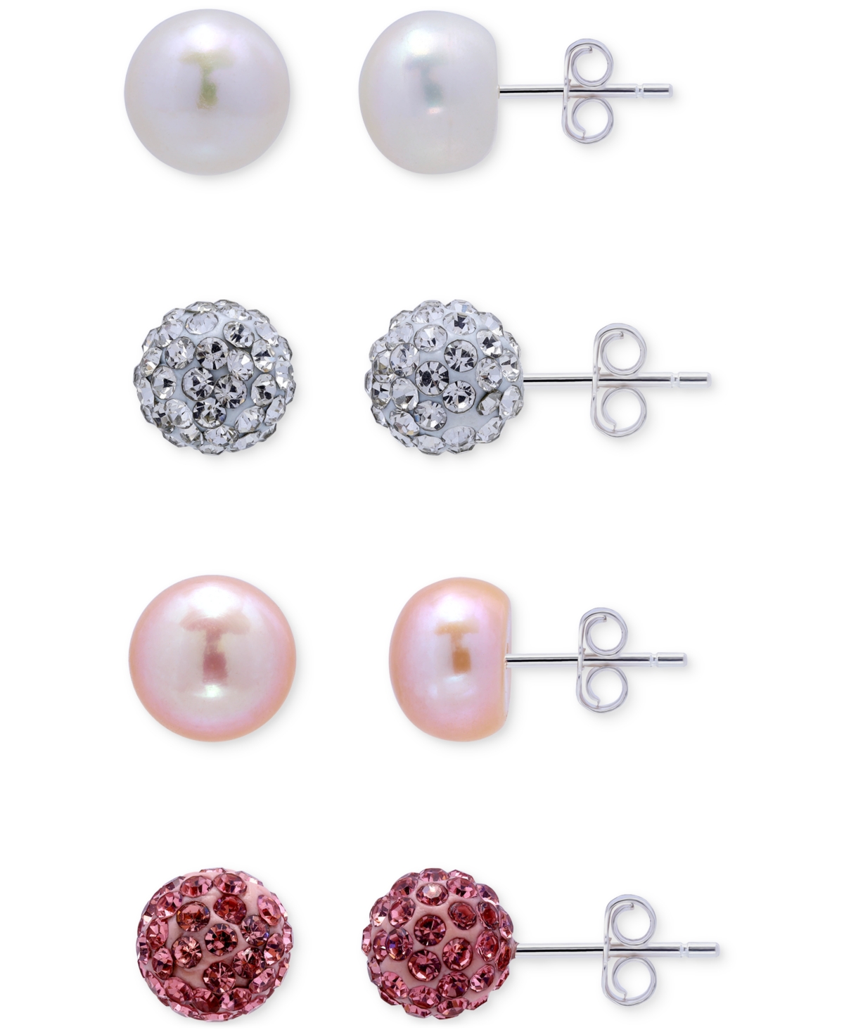 Macy's 4-pc. Set White & Dyed Pink Cultured Freshwater Pearl & Crystal Fireball Stud Earrings In Sterling S In White,pink