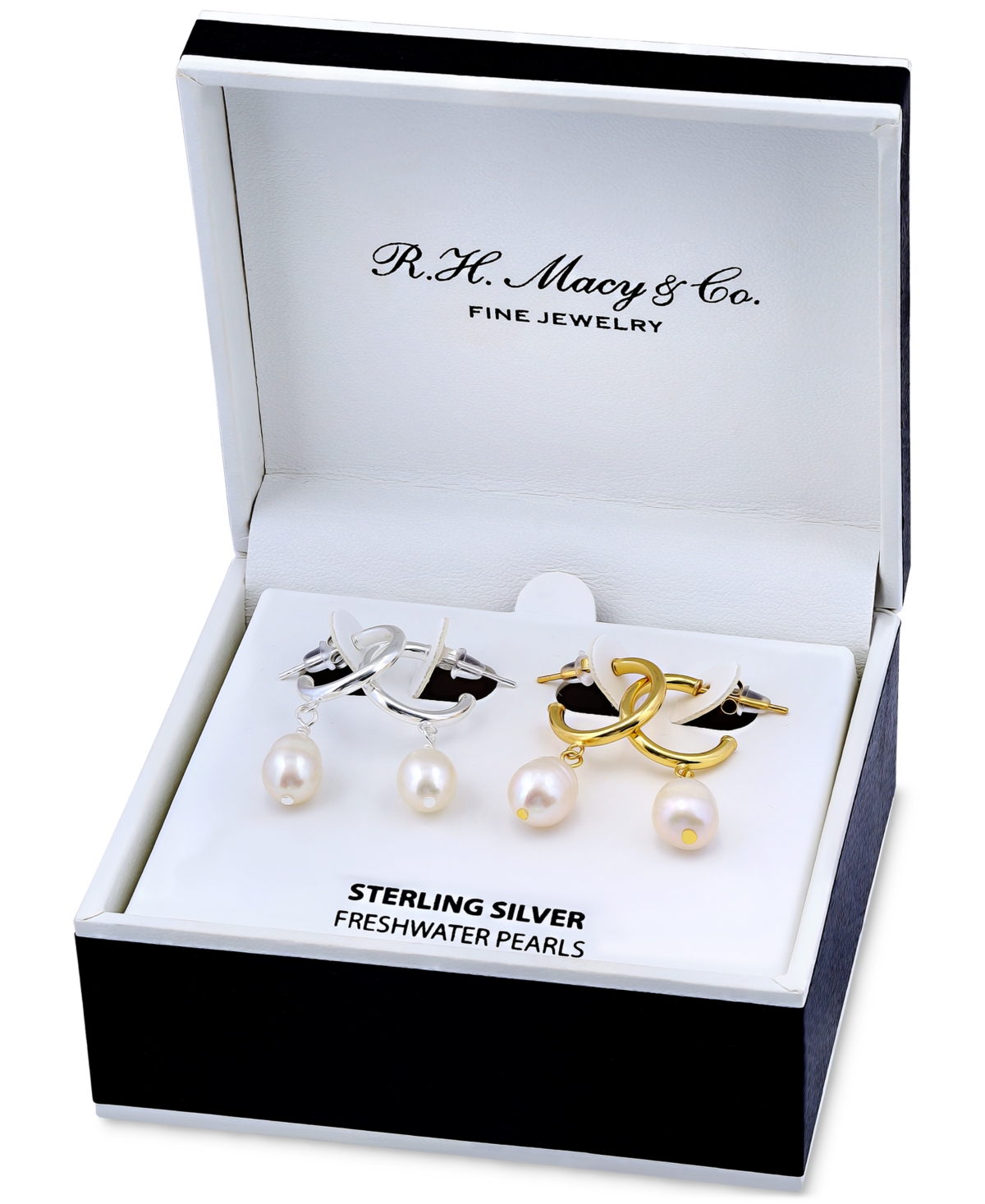 2-Pc. Set Cultured Freshwater Pearl (10 x 8mm) Dangle Hoop Earrings in Sterling Silver & 18k Gold-Plate