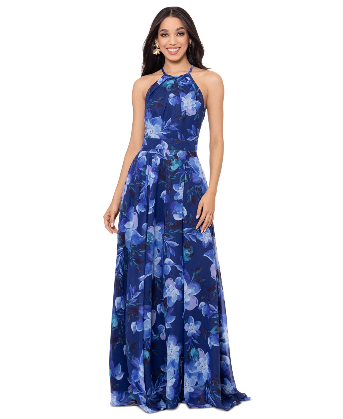 Petite Floral-Print Halter Gown - Blue Multi