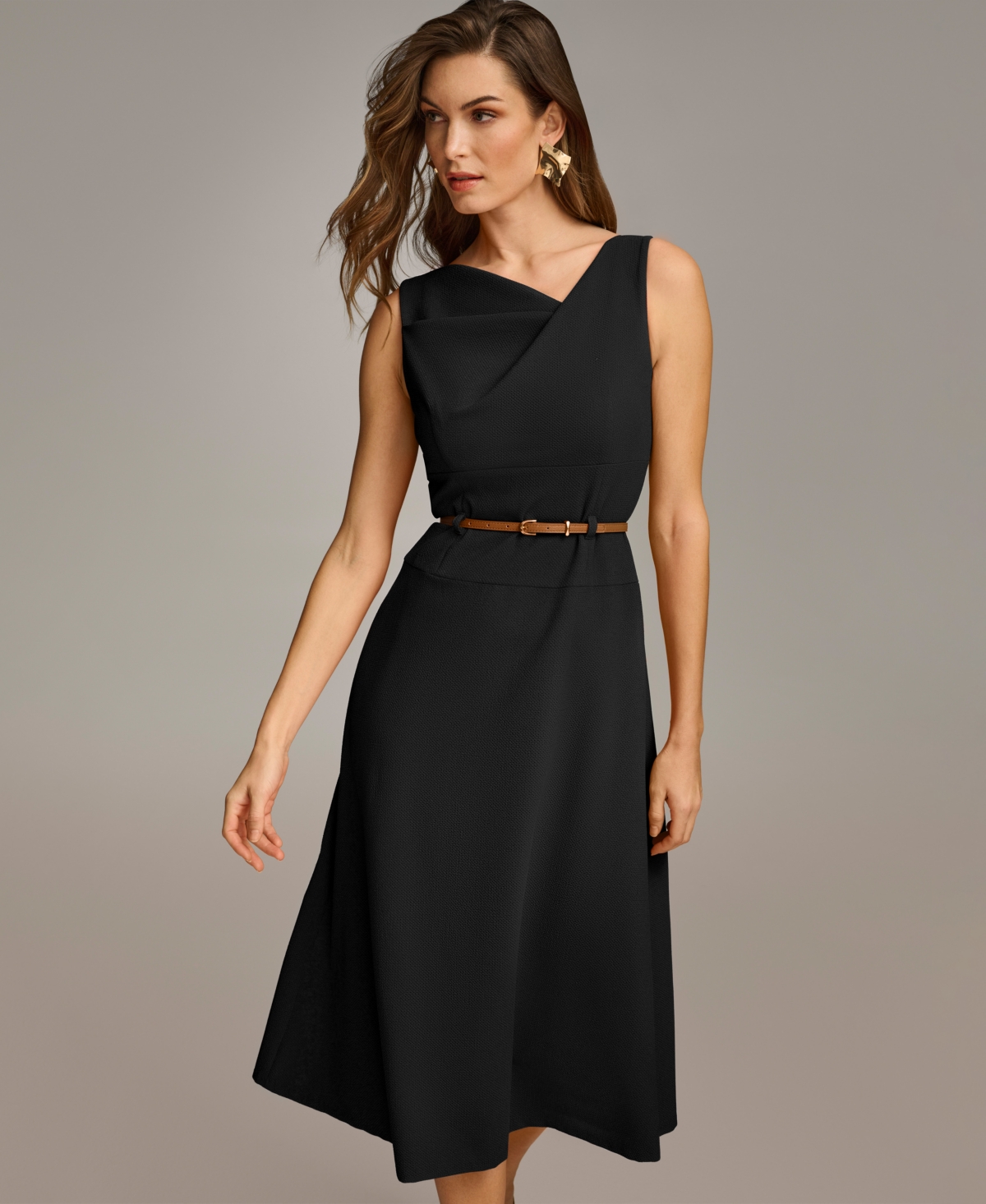 Shop Donna Karan Women's Belted Asymmetric Midi Dress In Black