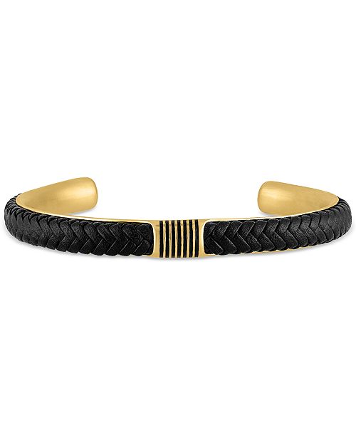 alfani Esquire Men's Jewelry Woven Leather Cuff Bracelet in Gold-Tone Ion-Plated Stainless Steel Created for Macy's Jewelry & Watches