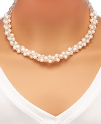 Cultured Freshwater Pearl Woven Necklace (4mm) & Stud Earrings (6mm) Set in Sterling Silver