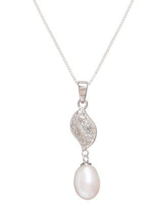 Cultured Freshwater Pearl (7x9mm) and Cubic Zirconia Pendant Necklace and Matching Drop Earrings Set in Sterling Silver