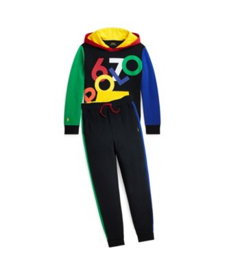 Shop Polo Ralph Lauren Big Boys Color Blocked Logo Double Knit Hoodie Jogger Pant Collection In Polo Black Multi