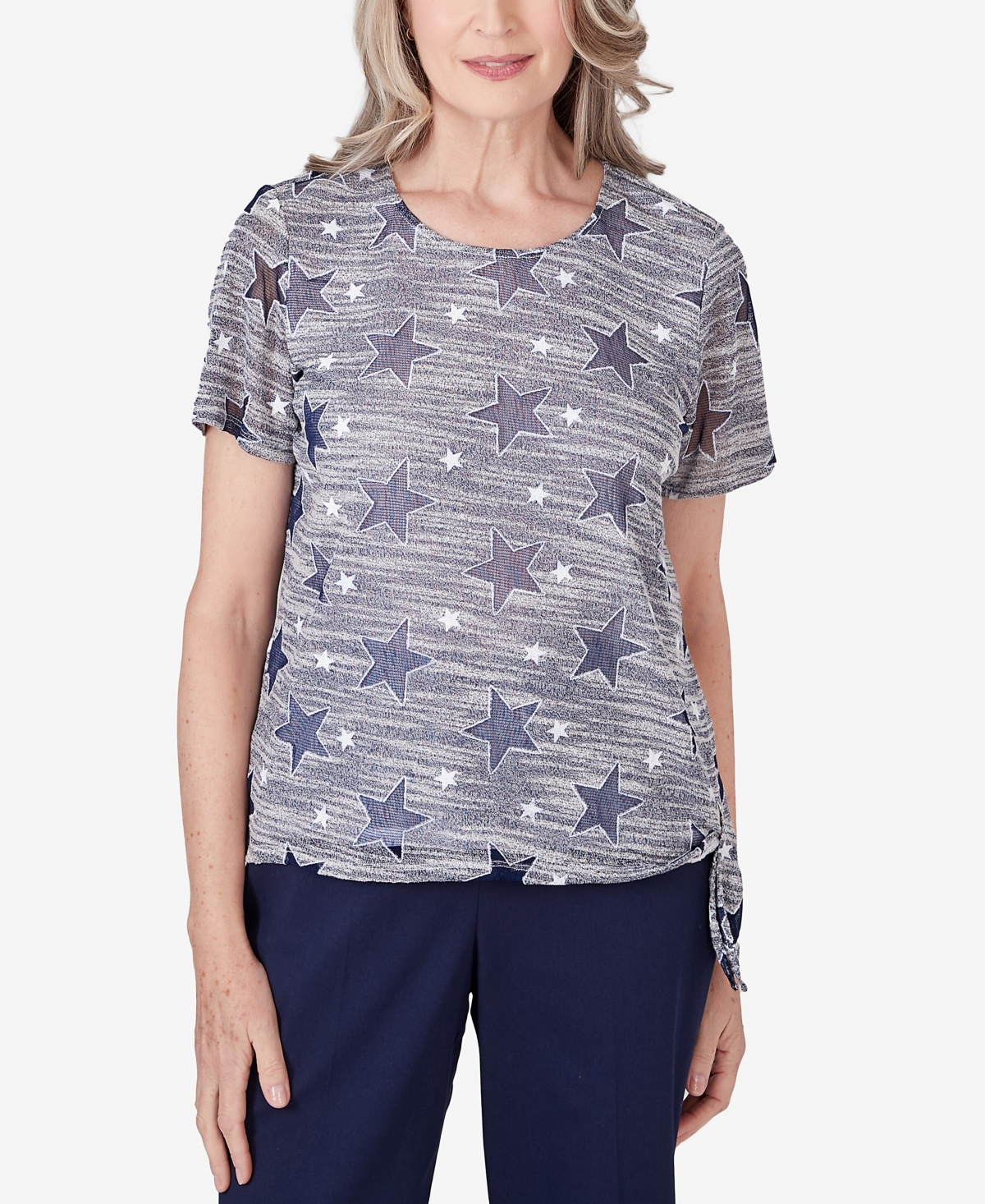 Shop Alfred Dunner Petite All American Lined Space Dye Stars Crew Neck T-shirt With Side Tie In Navy