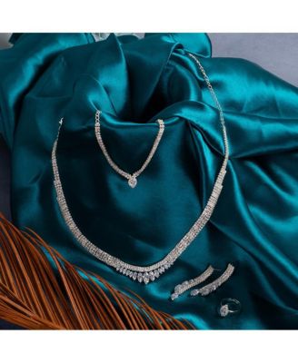 Women's Silver Bling Stone Necklace, Earrings, Bracelet And Ring (Set Of 4)