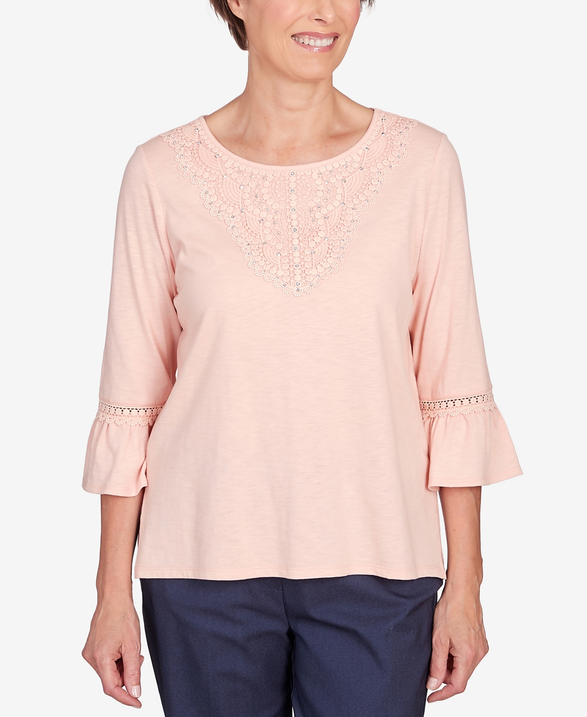 Shop Alfred Dunner Petite A Fresh Start Lace Neck Solid Flutter Sleeve Top In Apricot