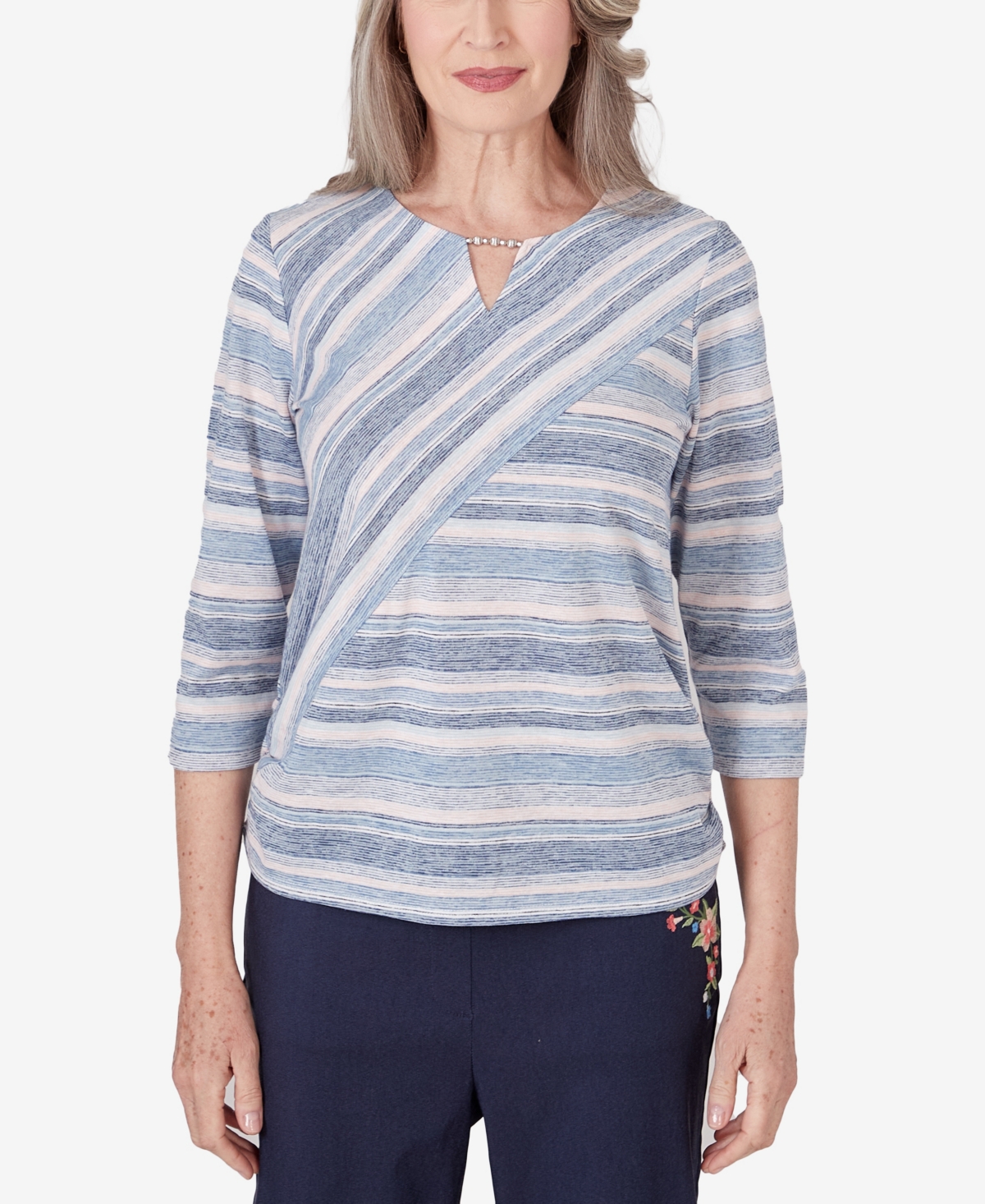 Shop Alfred Dunner Petite A Fresh Start Spliced Stripe Ruched Shirttail Top In Multi