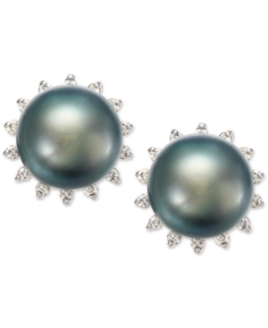 image of Tahitian Pearl (8 mm) and Diamond (1/5 ct. t.w.) Earrings in 14K White Gold