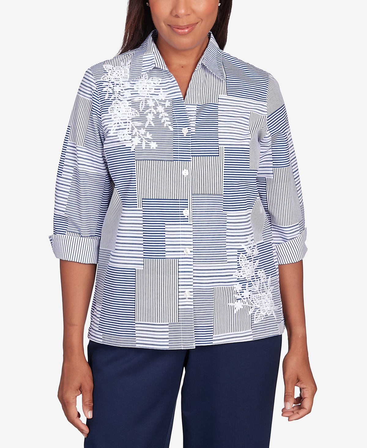 Petite A Fresh Start Embroidered Stripe Patch Button Down Top - Navy