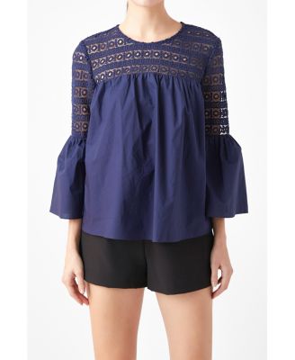 Women's Lace with Poplin Bell Sleeve Blouse