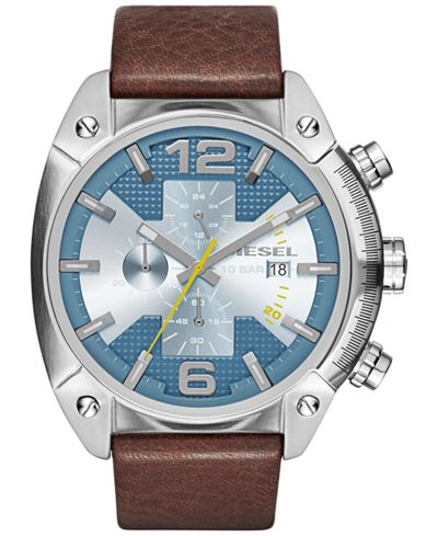 Diesel Men's Chronograph Overflow Dark Brown Leather Strap Watch 49mm DZ4340