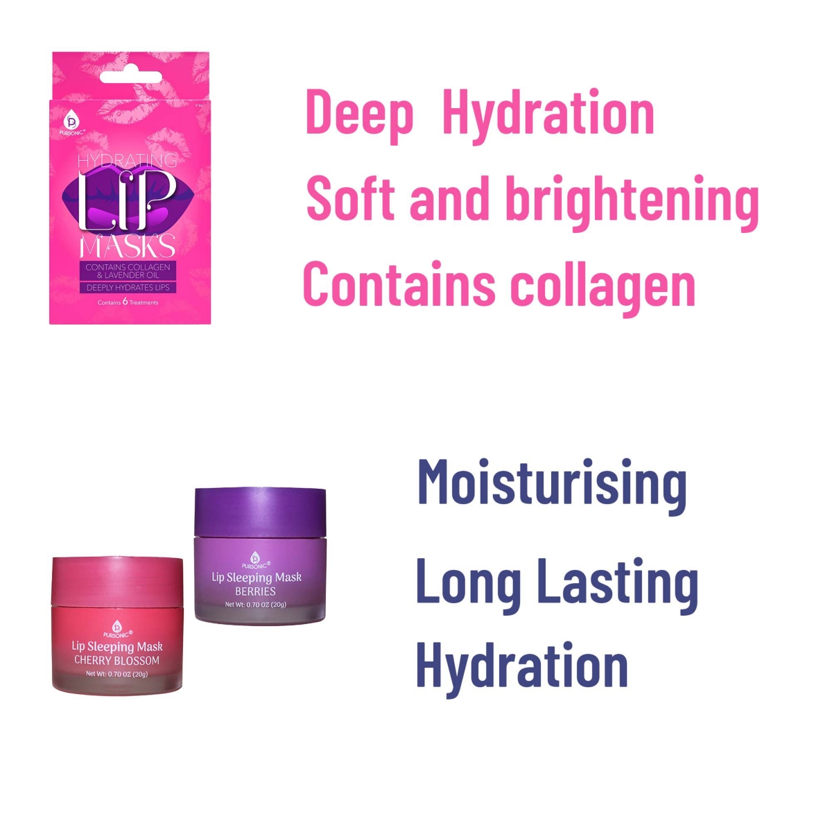 Pursonic Lip Care Luxe Duo: Hydrating Lip Masks (Pack of 6) & Lip Sleeping Mask 2 Pack