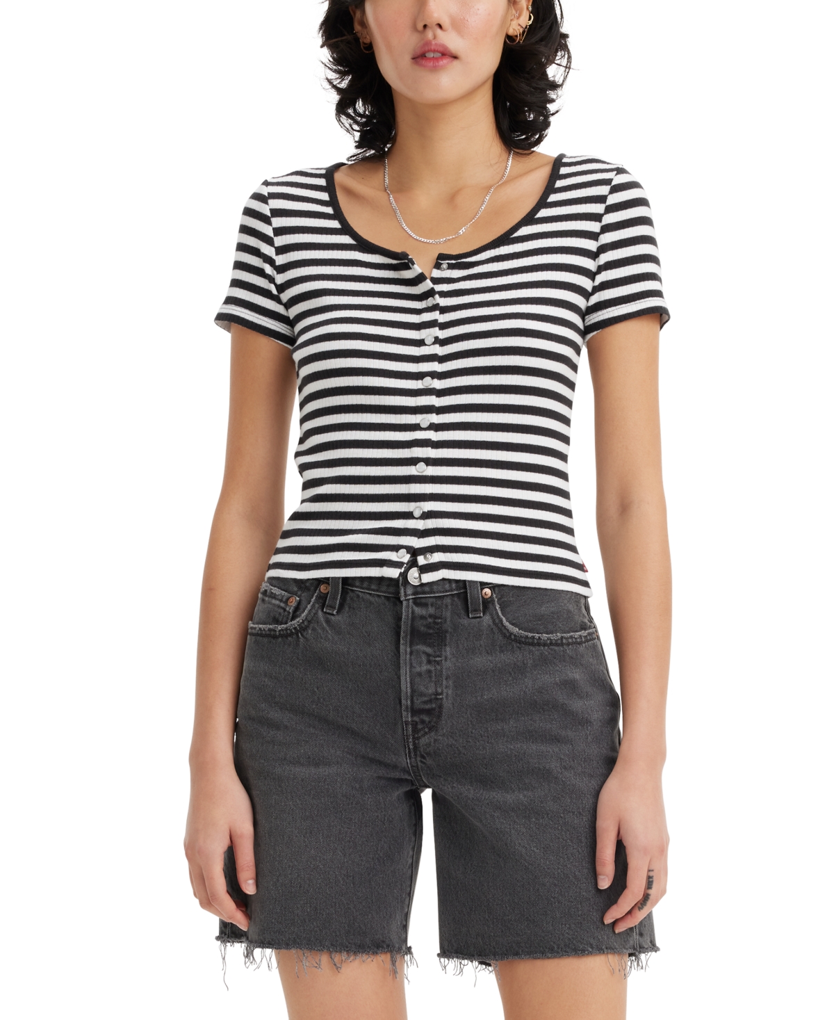 Levi's Women's Britt Cropped Snap-front Short-sleeve Top In Righty Stripe