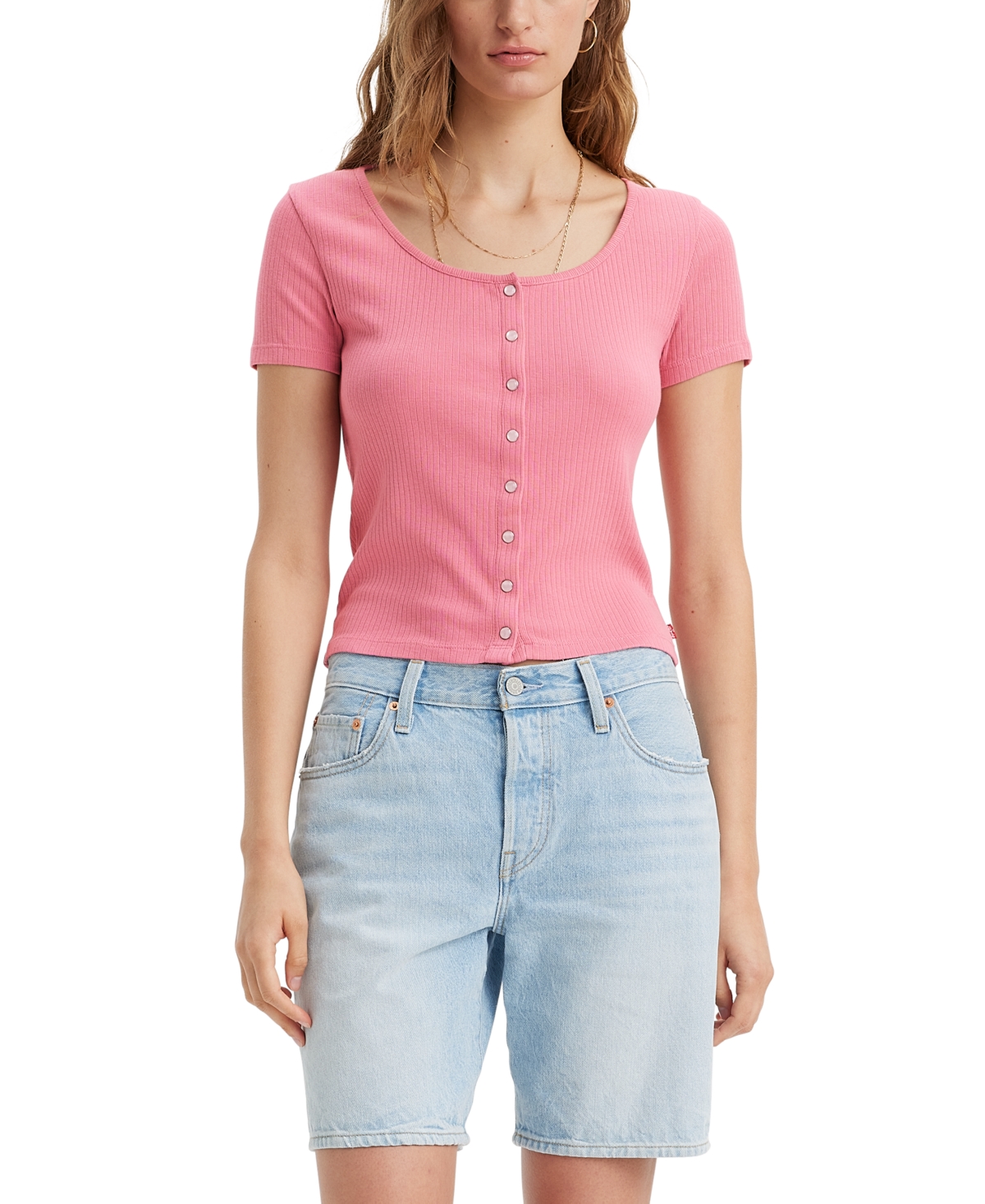 Levi's Women's Britt Cropped Snap-front Short-sleeve Top In Tameless Rose