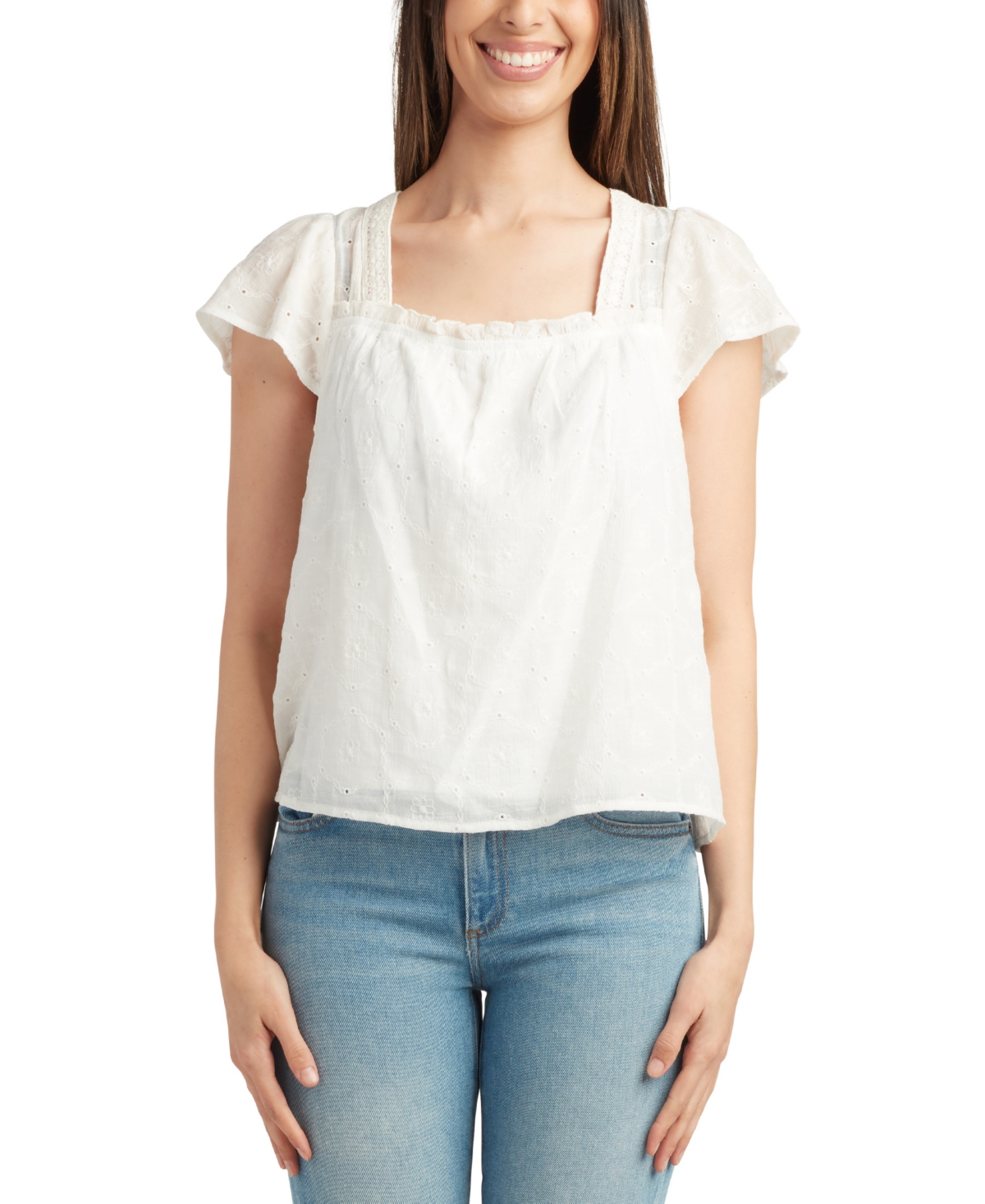 Juniors' Eyelet Square-Neck Top - Color