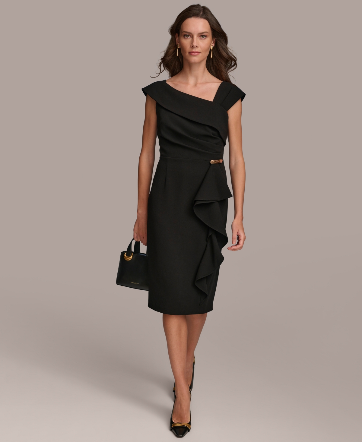 Women's Asymmetric Neckline Cap Sleeve Ruffle Trim Sheath Dress - Black