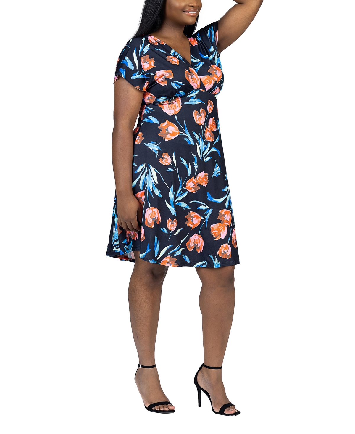 24seven Comfort Apparel Plus Size V Neck Empire Waist Knee Length Dress
