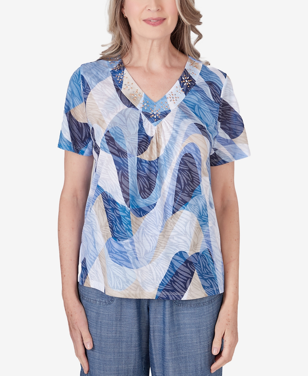 Alfred Dunner Petite Blue Bayou Women's V-neck Wavy Abstract Top In Multi