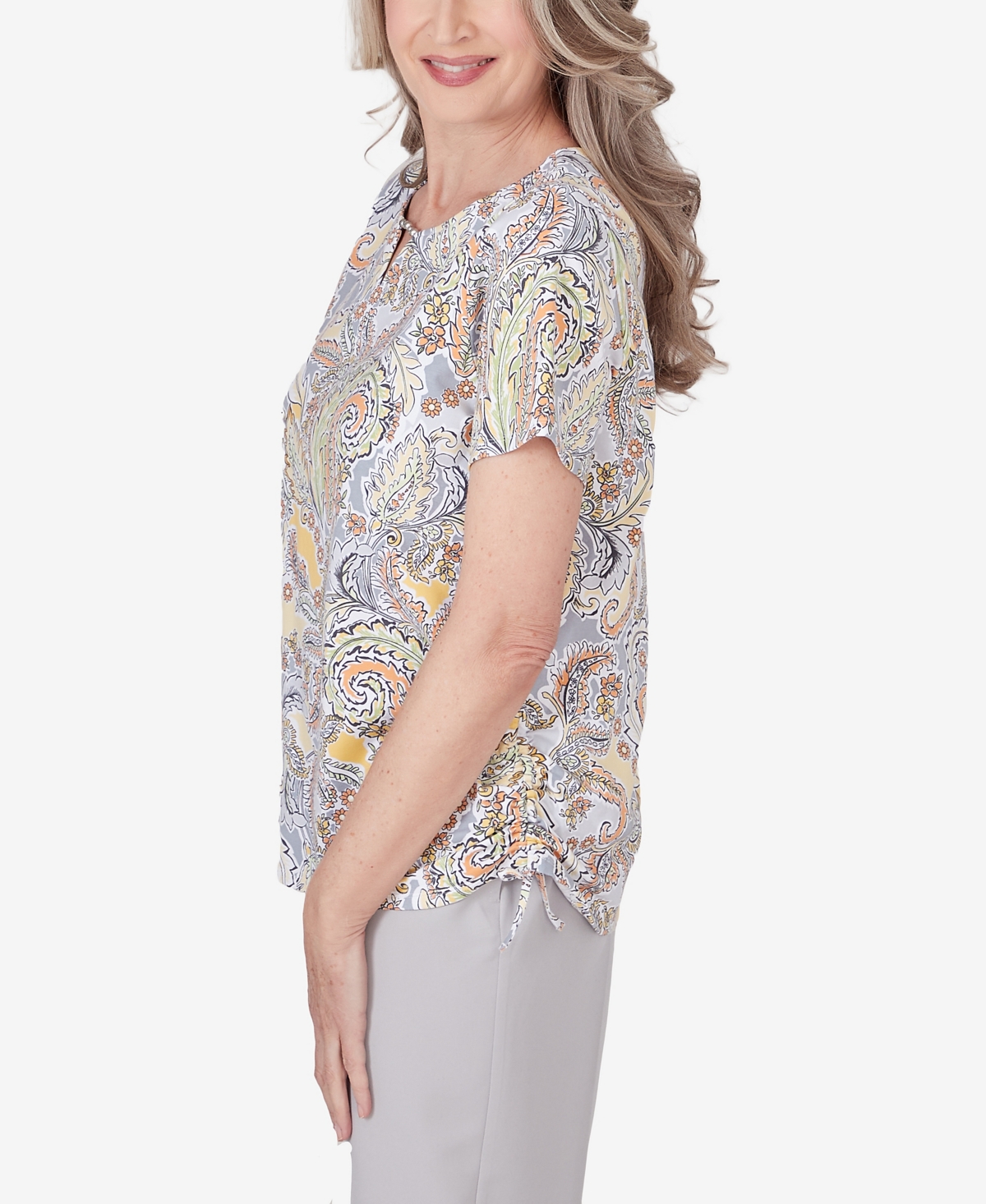 Shop Alfred Dunner Petite Charleston Paisley Ruched Top In Multi