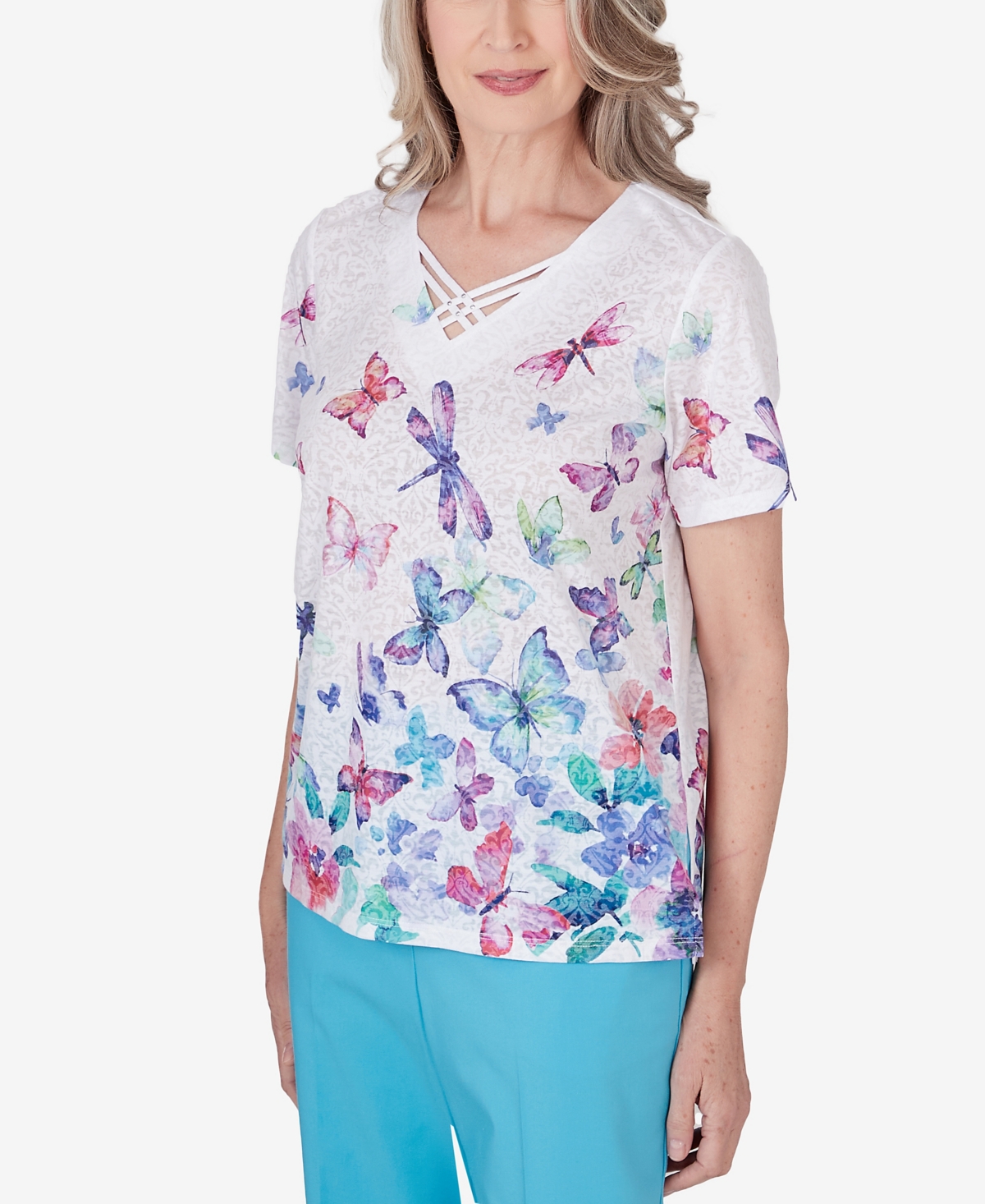 Shop Alfred Dunner Petite Summer Breeze Butterfly Print Short Sleeve Top In Multi
