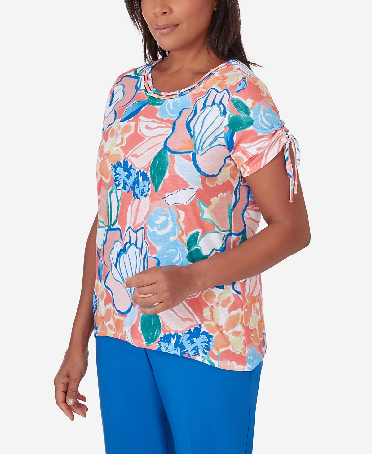 Shop Alfred Dunner Petite Neptune Beach Whimsical Floral Print Tie Sleeve Top In Coral