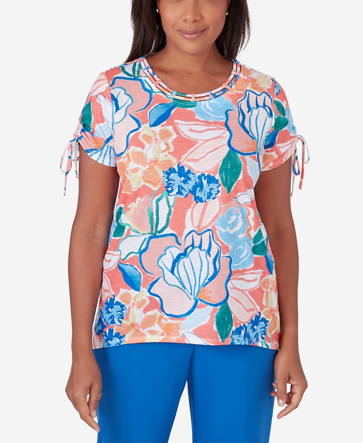 Petite Neptune Beach Whimsical Floral Print Tie Sleeve Top - Coral