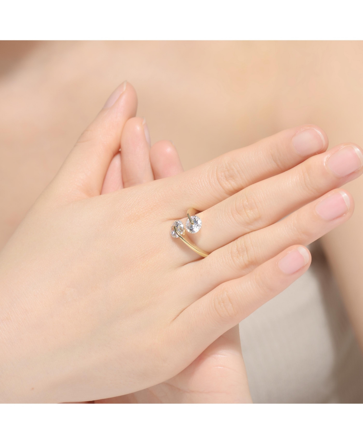 Modern Sterling Silver 14KPlated with Double Clear Cubic Zirconia Bypass Ring - Gold