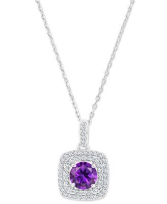 Amethyst & Lab-Grown White Sapphire Square Halo Birthstone Pendant Necklace in Sterling Silver, 16" + 2" extender 