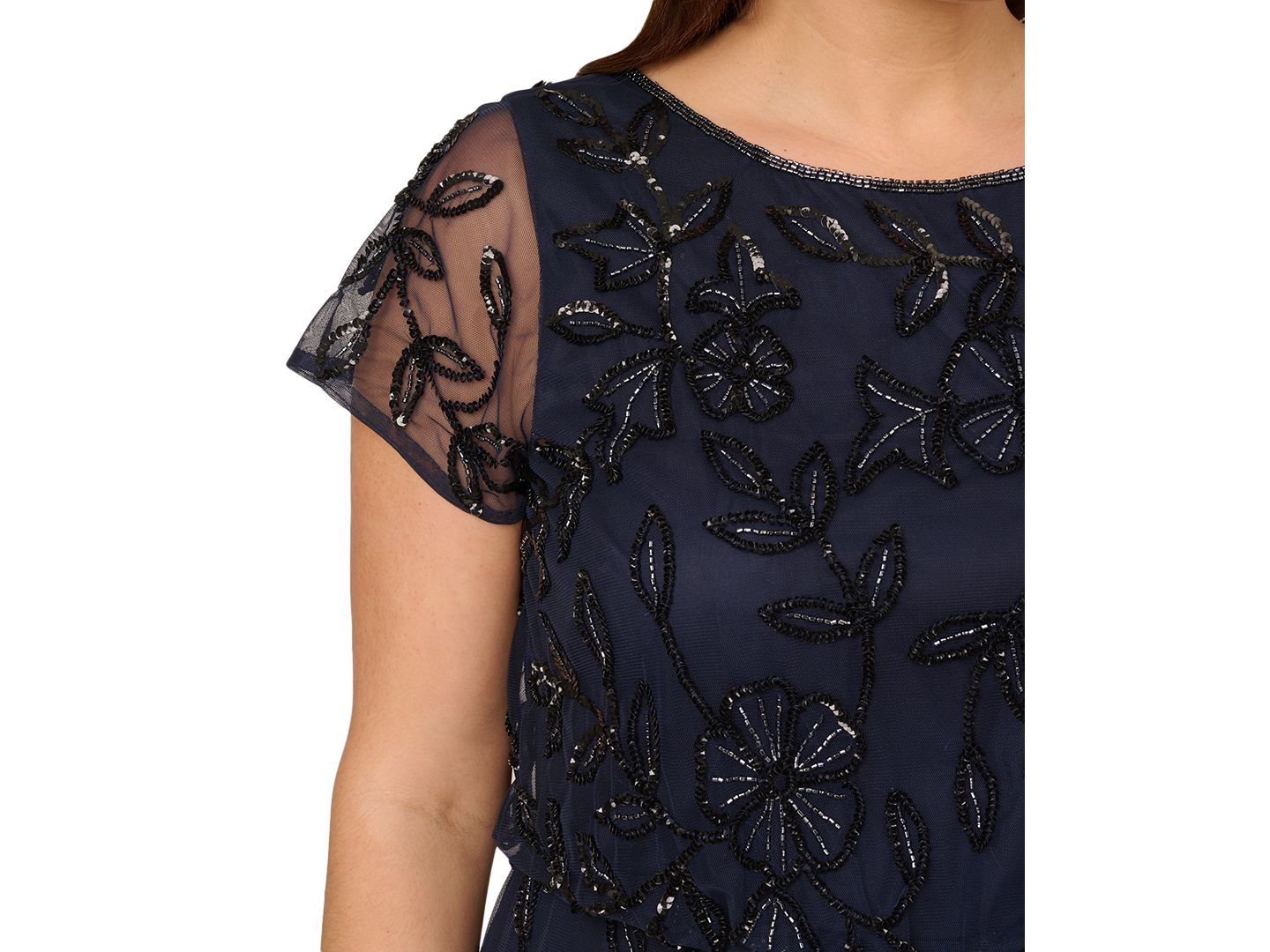 Женские платья Adrianna Papell Plus Size Blouson Beaded Short-Sleeve Gown, цвет: Тёмно-синий чёрный — фото 4