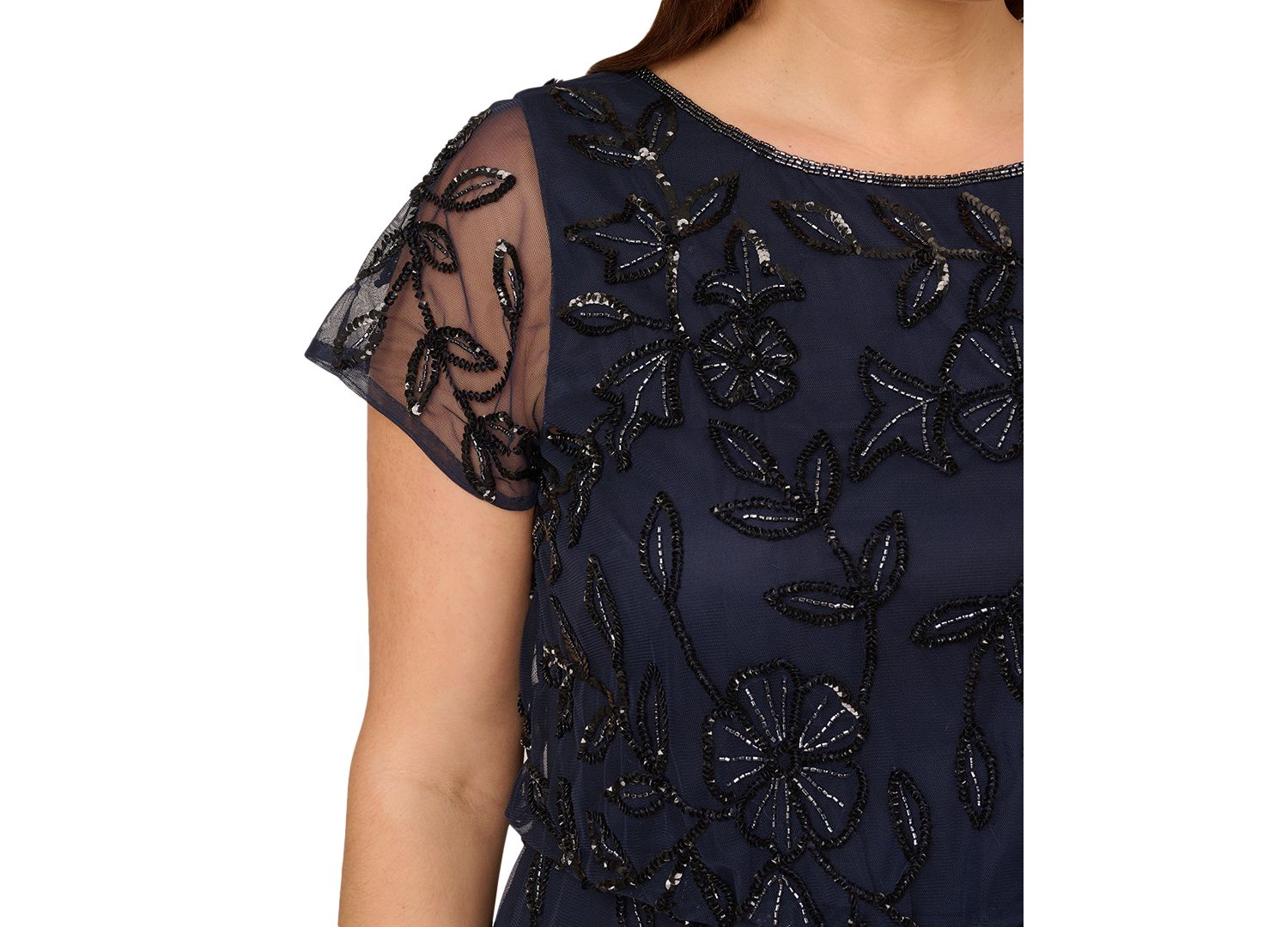 Plus Size Blouson Beaded Short-Sleeve Gown