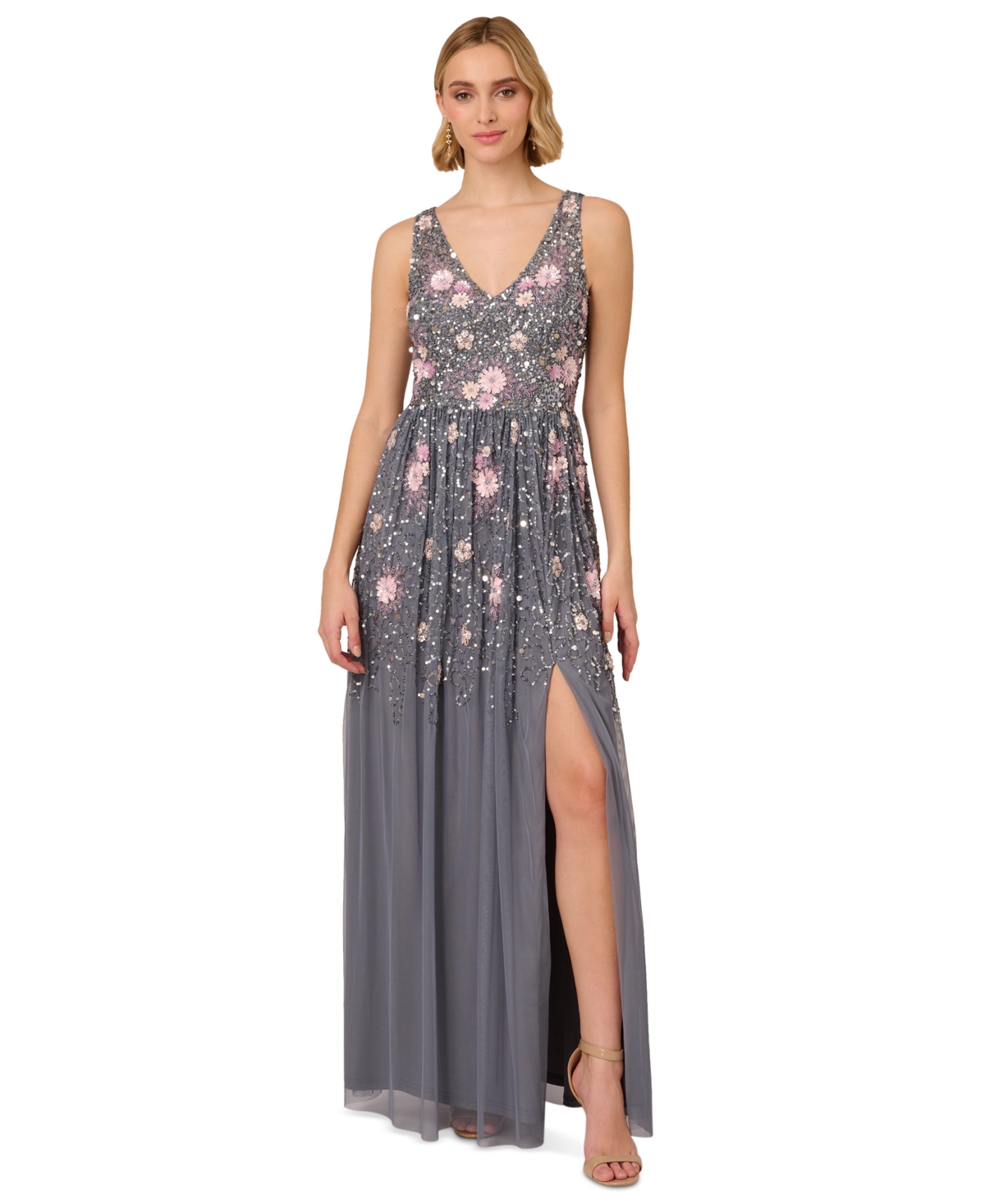 Shop Adrianna Papell Women's Floral Embellished V-neck Gown In Dusty Blue