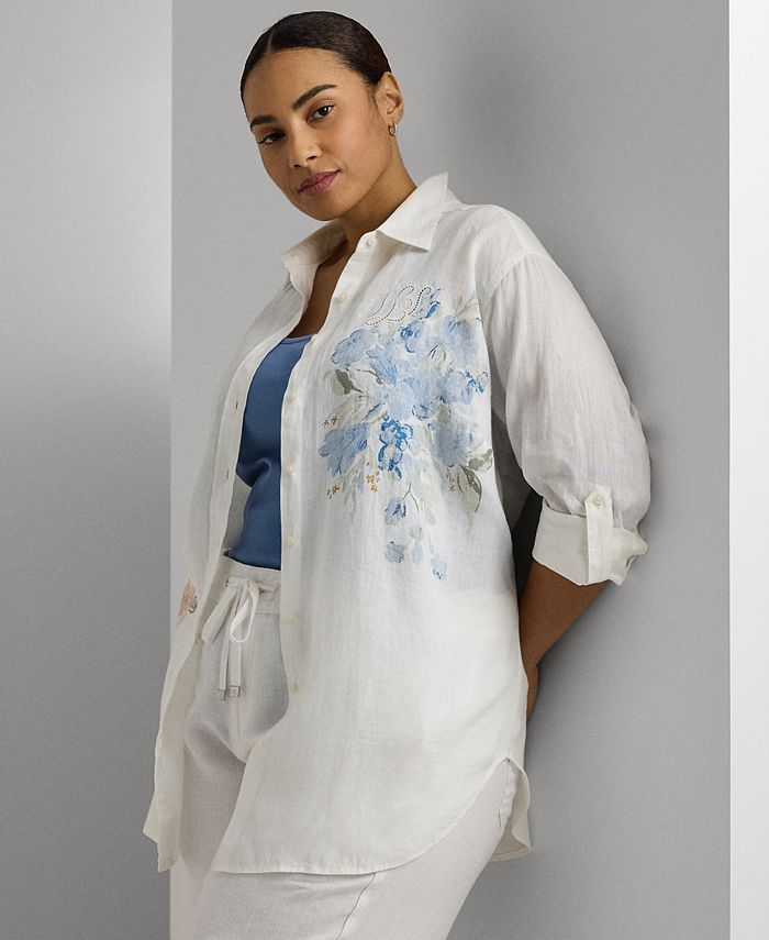 Lauren Ralph Lauren Women's Plus Size Oversize Floral Eyelet Logo Linen Shirt, White, 3X