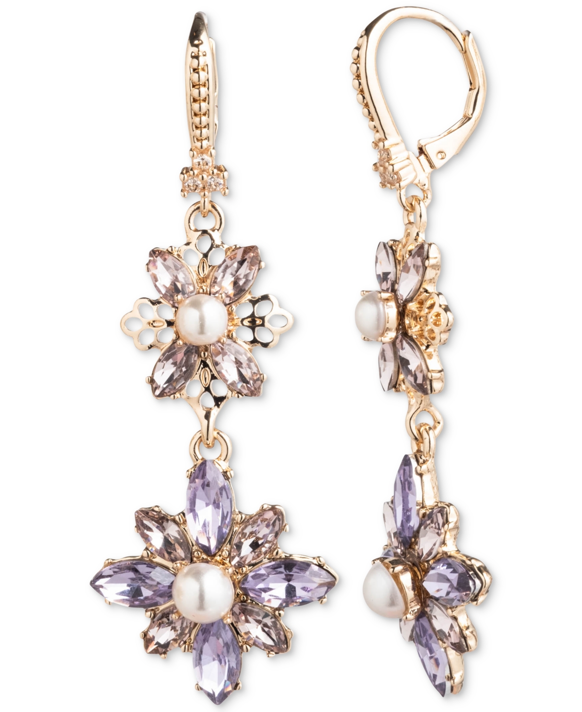 Gold-Tone Purple Stone Floral Double Drop Earrings - Purple