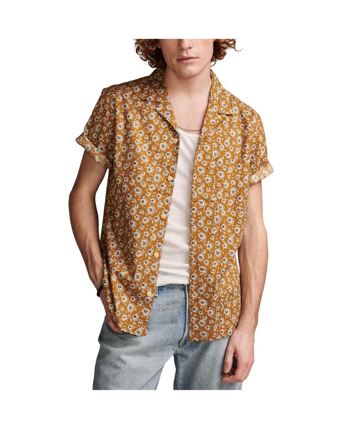 Men's Printed Camp Collar Short Sleeve Shirt - Gold Multi