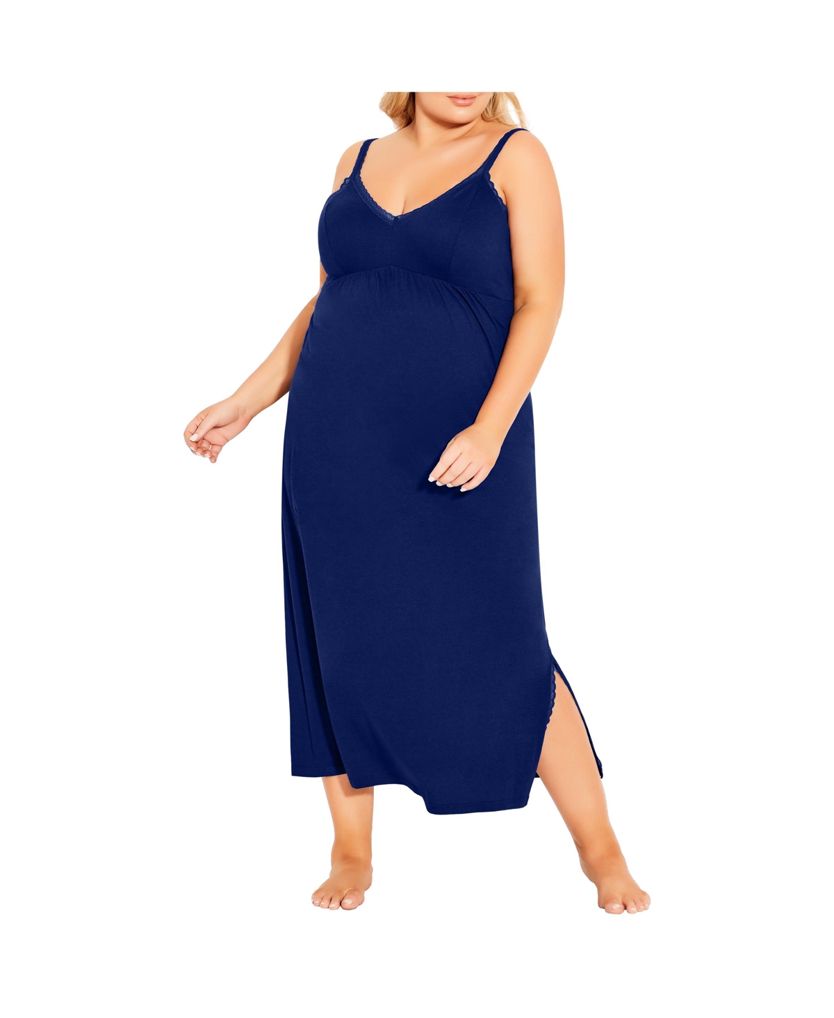 Plus Size Lace Trim Plain Sleep Maxi Dress - Marine