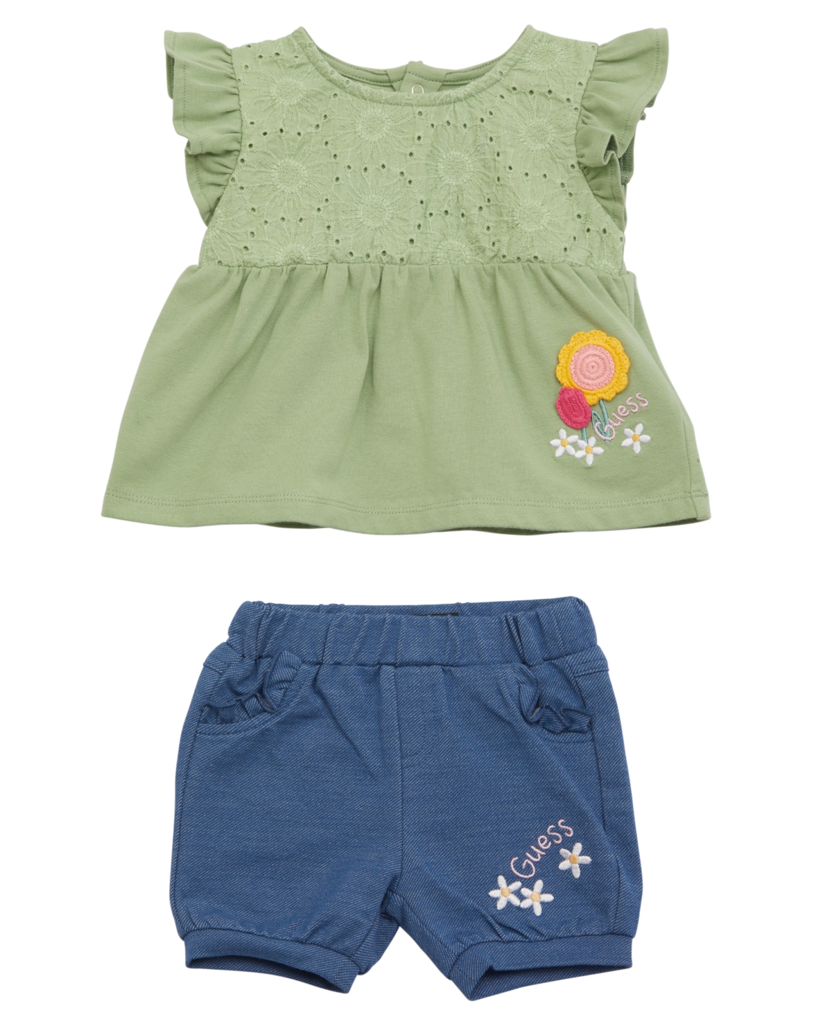 Shop Guess Baby Girl Short Sleeve Top And Denim Short In Green
