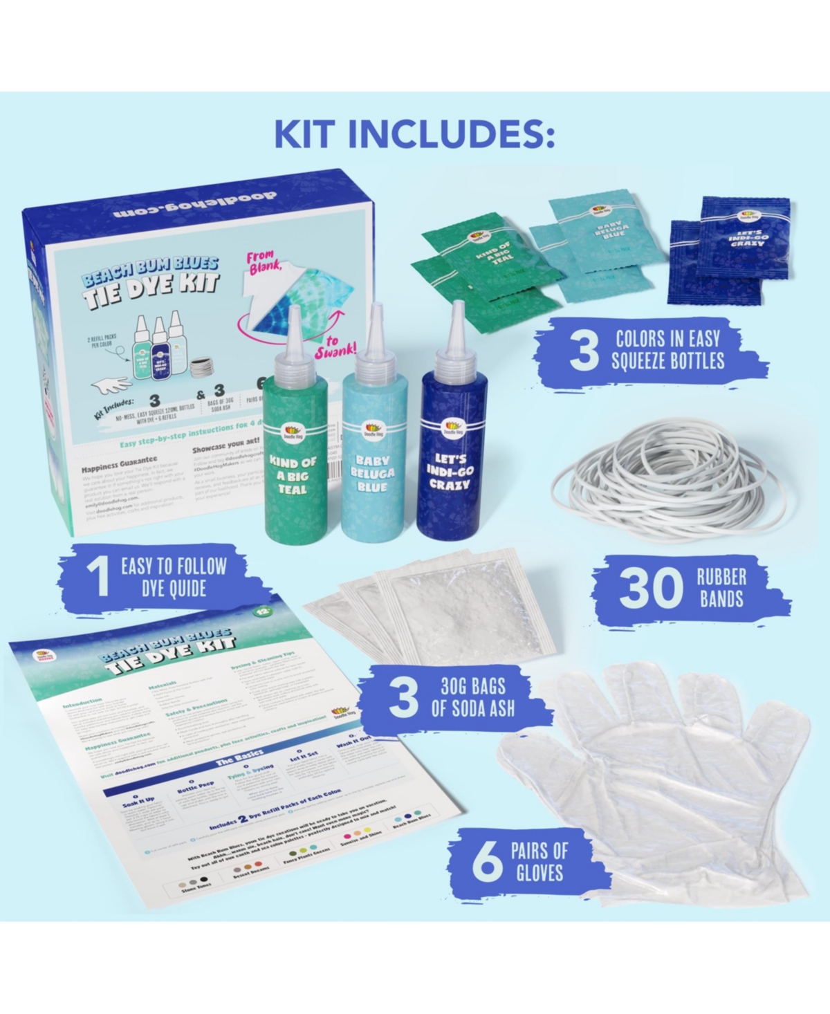 Doodle Hog Blue Colors Tie Dye Kit in Beach Bum Blue Tie Dye  Custom Clothing Dye with 6 Refills for Summer Activities for Kids - Tie Dye Supplies