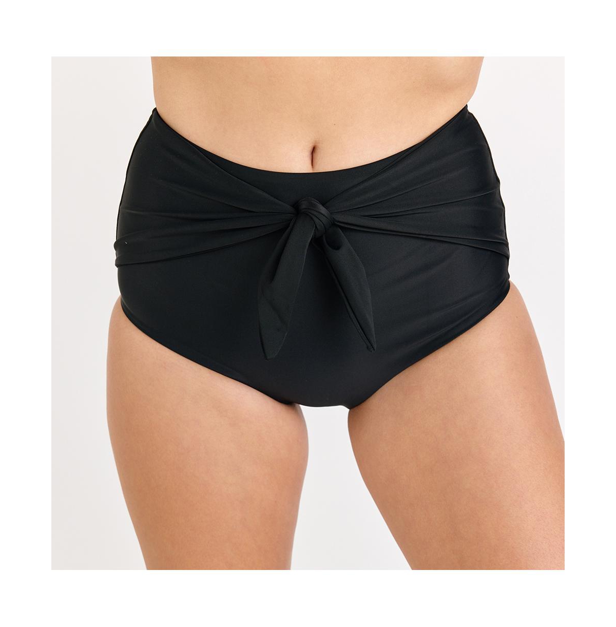 Women's High Waisted Bikini Bottom With Front Tie - Tropical views/navy polka dot