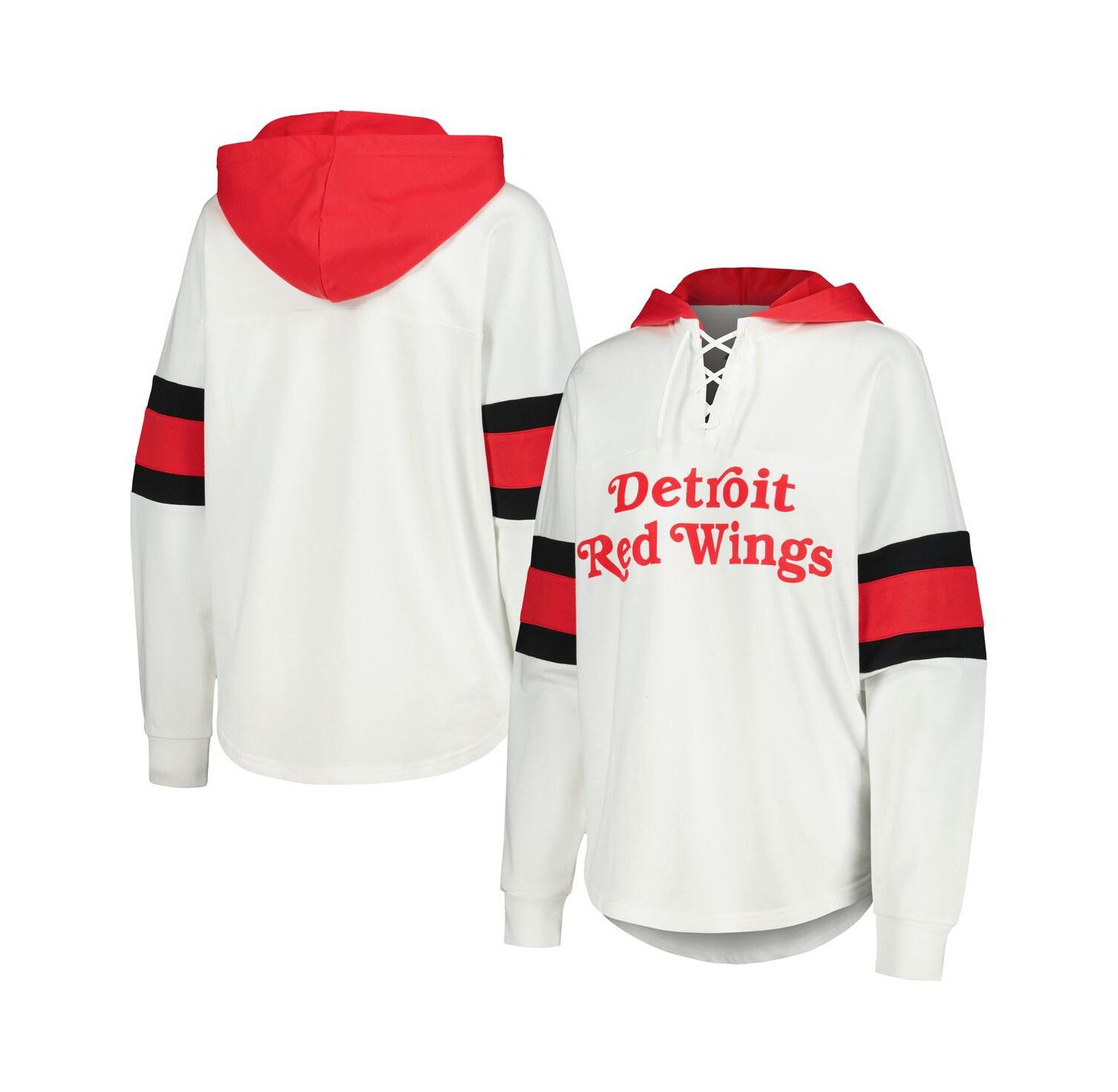 Women's White, Red Detroit Red Wings Goal Zone Long Sleeve Lace-Up Hoodie T-shirt