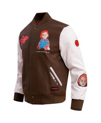 チャッキー Men's Freeze Max Brown Chucky Good Guys Varsity Full-Zip Jacket