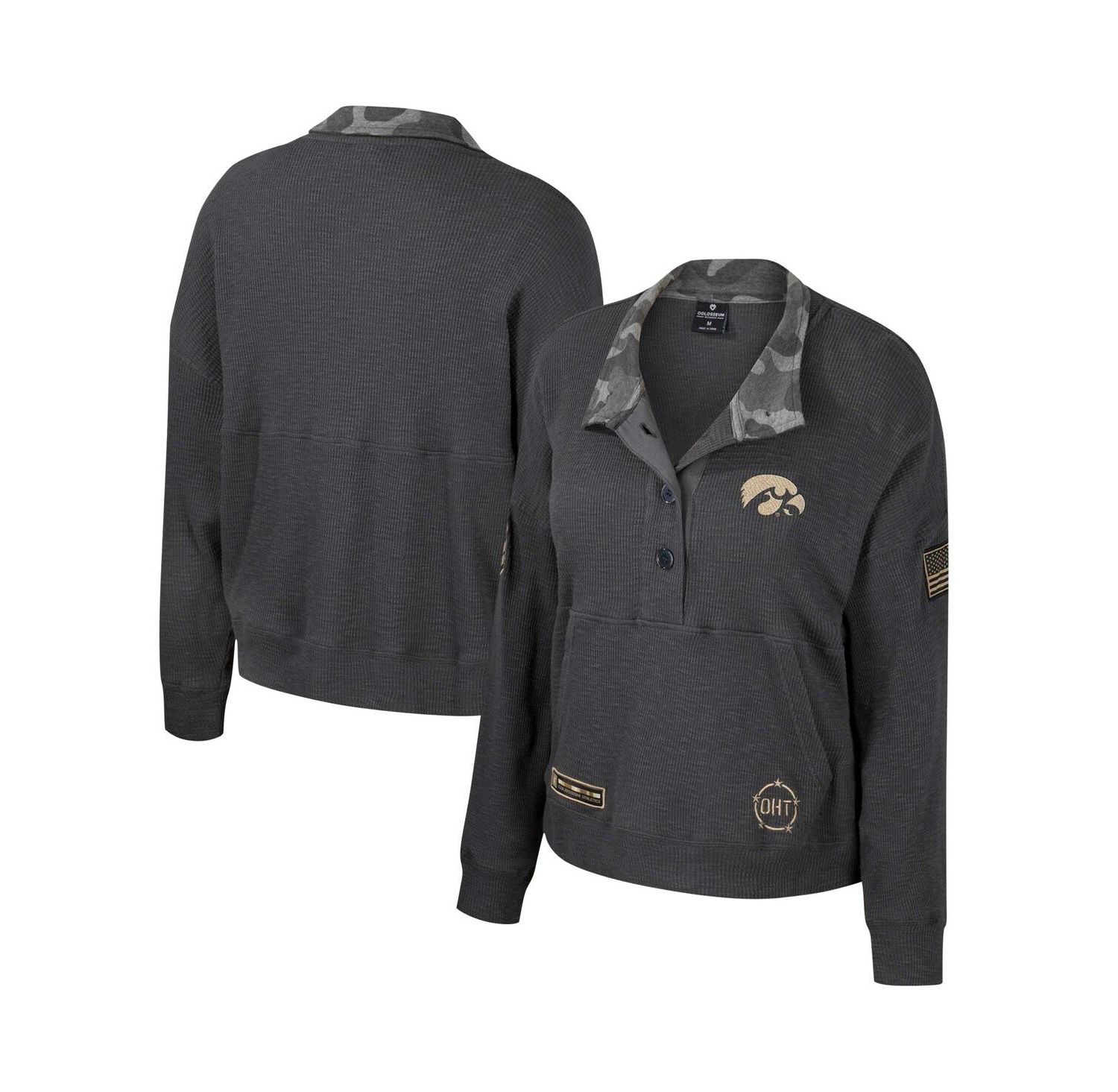 Women's Heather Charcoal Iowa Hawkeyes OHT Military-Inspired Appreciation Payback Henley Thermal Sweatshirt