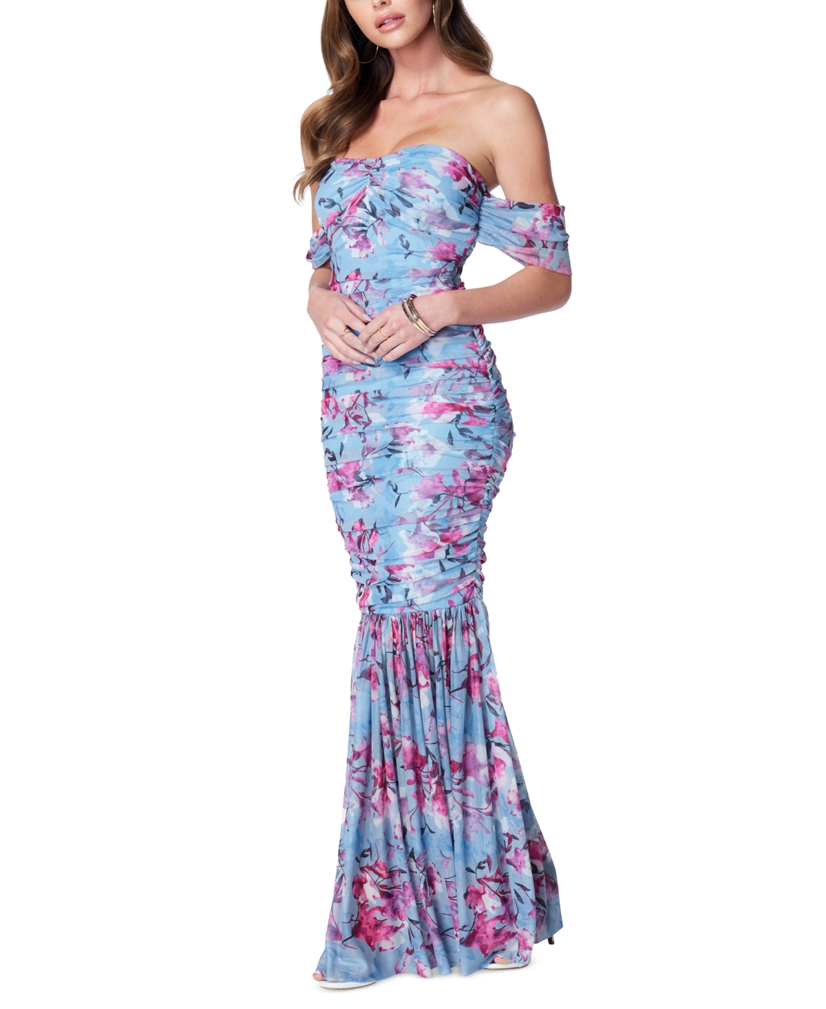 Shop Bebe Women's Floral-print Ruched Off-the-shoulder Gown In Blue Multi
