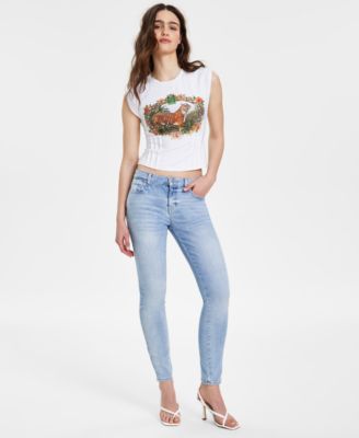 Shop Guess Womens Sleeveless Tiger Graphic Corset T Shirt Mid Rise Sexy Curve Skinny Jeans In Saville Wash