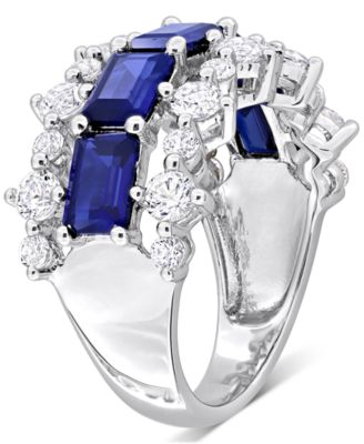 Lab-Grown Blue Sapphire (4-5/8 ct. t.w.) & Lab-Grown White Sapphire (2-1/10 ct. t.w.) Three Row Ring in Sterling Silver