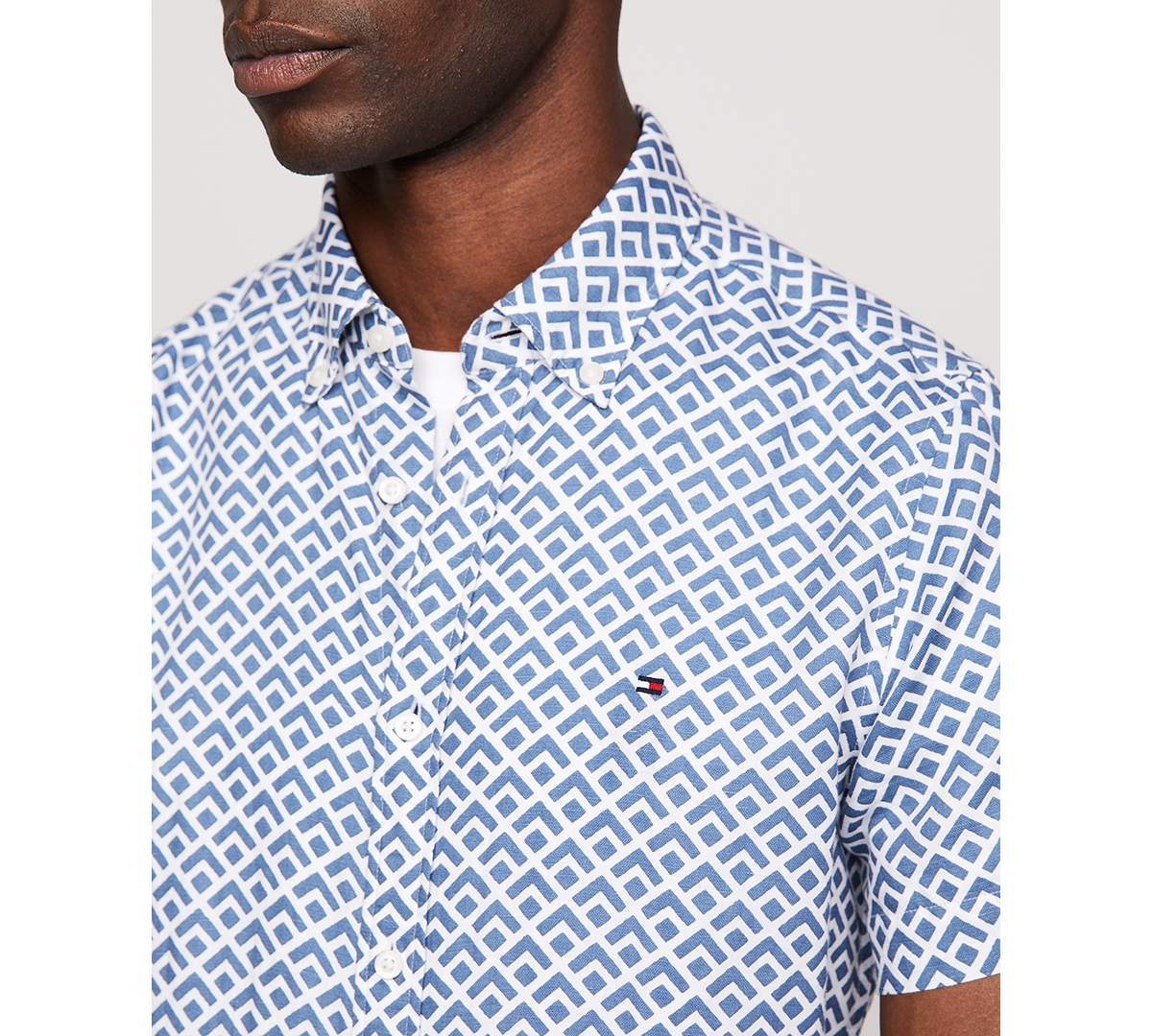 Shop Tommy Hilfiger Men's Slim Fit Short Sleeve Geometric Print Button-front Shirt In Blue Coast